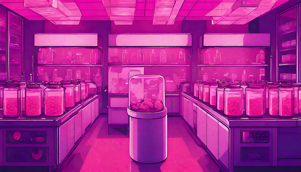 Ein mittels K.I. generiertes Labor in rosanem Licht, Regale und Tische voller Behälter