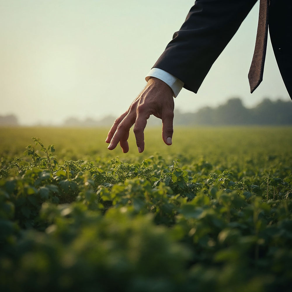 Eine einzelne Hand in einem dunklen Anzugsärmel streckt sich nach unten und schwebt über einer dicht bewachsenen Ackerfläche. Die Pflanzen stehen im warmen, tiefen Sonnenlicht, im Hintergrund verschwimmen Feld und Baumreihe im Dunst des frühen Morgens oder späten Nachmittags.