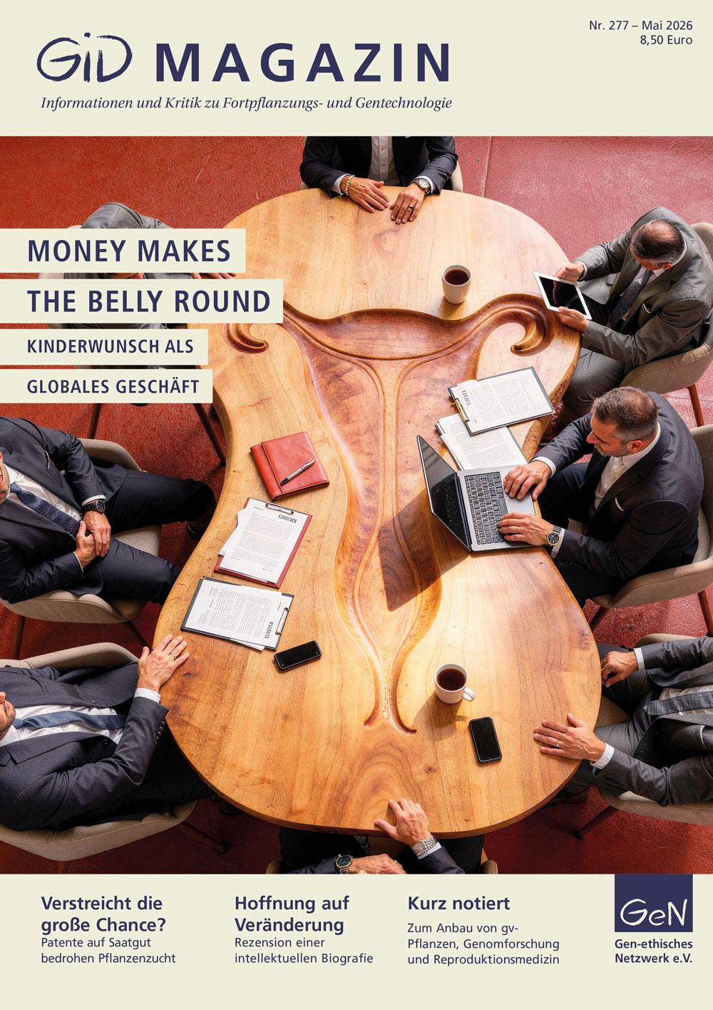 Das Cover des GiD Magazins Nr. 277 (Mai 2026) zeigt Holztisch in Form einer Gebärmutter mit sechs Personen in Anzügen, die um den Tisch sitzen und mit Laptops, Dokumenten und Smartphones arbeiten