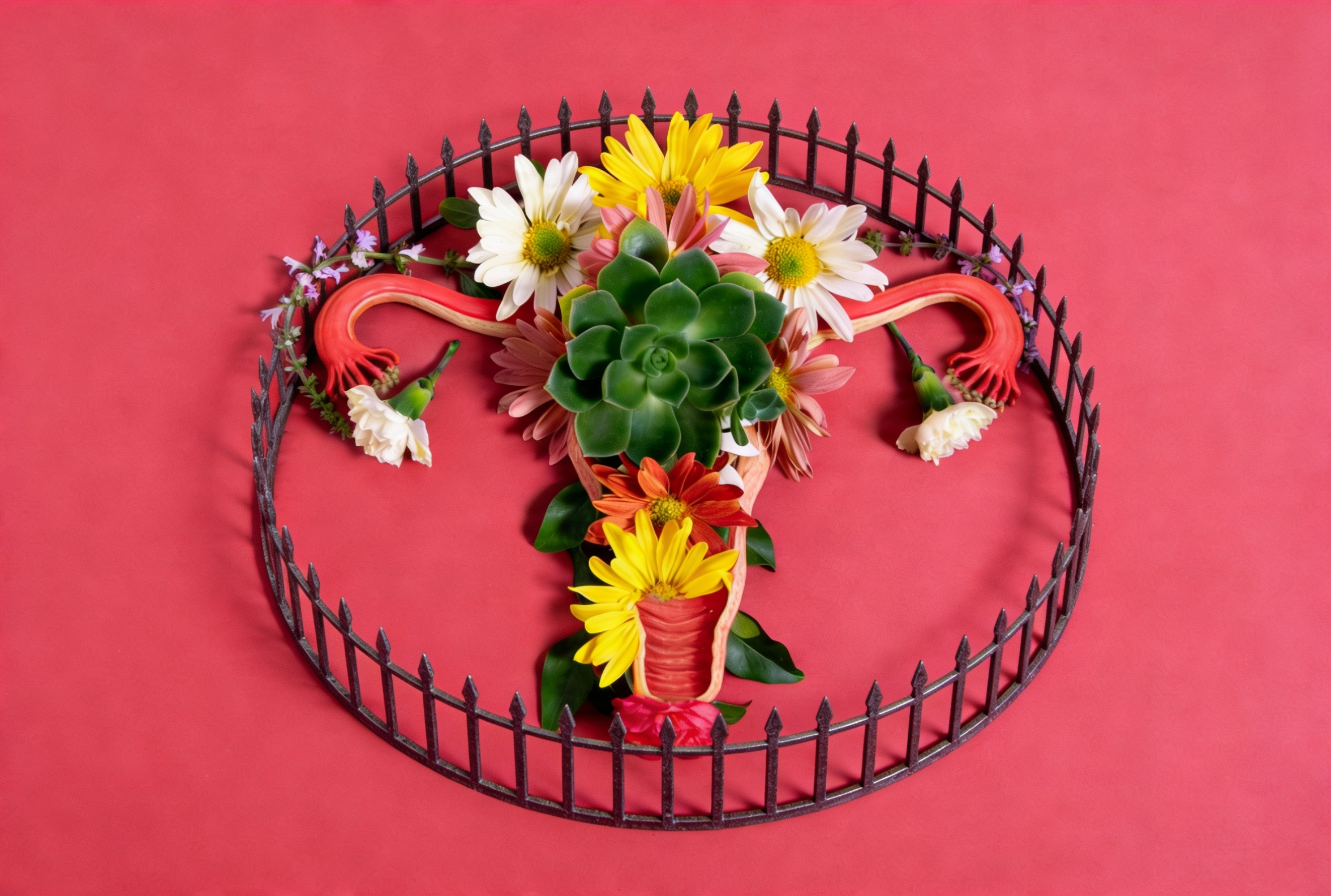 Gebilde aus Blumen und grünen Blättern in Form einer Gebärmutter, umgeben von einem schwarzen Zaun auf rotem Hintergrund