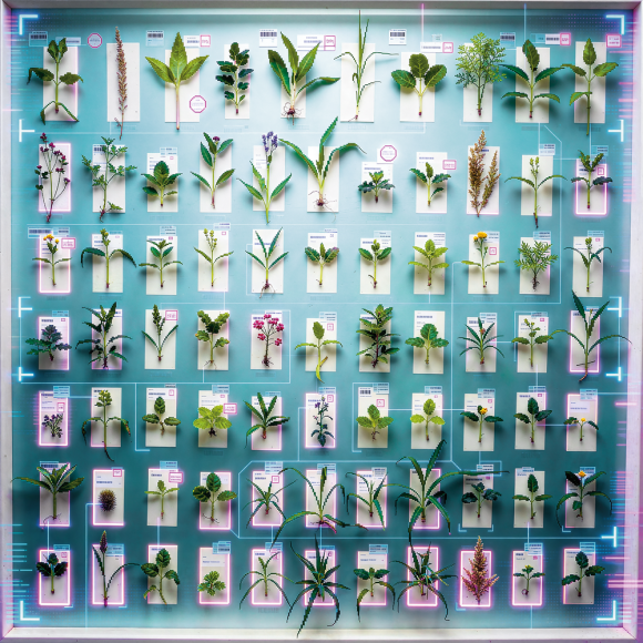 Anordnung von verschiedenen Pflanzenblättern und -zweigen auf weißen Karten vor blauem Hintergrund in einem Rastermuster