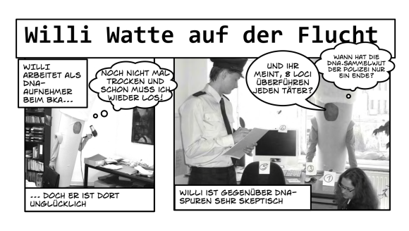 Die ersten beiden Panels des GeN-Comics "Willi Watte auf der Flucht": Das erste Bild zeigt das überdimensionale Wattestäbchen Willi auf dem Weg zur Arbeit bei der Polizei, im zweiten Bild diskutiert Willi mit Arbeitskolleg*innen. 