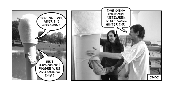 Die letzten beiden Panels des GeN-Comics "Willi Watte auf der Flucht": Das vorletze Bild zeigt das überdimensionale Wattestäbchen Willi nach erfolgreicher Flucht, im letzten Bild erfährt Willi Solidarität von GeN Mitarbeiter*innen.. 