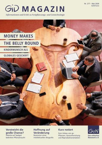 Das Cover des GiD Magazins Nr. 277 (Mai 2026) zeigt Holztisch in Form einer Gebärmutter mit sechs Personen in Anzügen, die um den Tisch sitzen und mit Laptops, Dokumenten und Smartphones arbeiten
